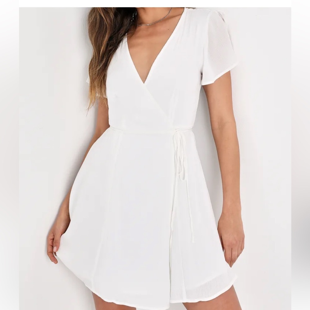 Lulu's White V-Neck Wrap Mini Dress